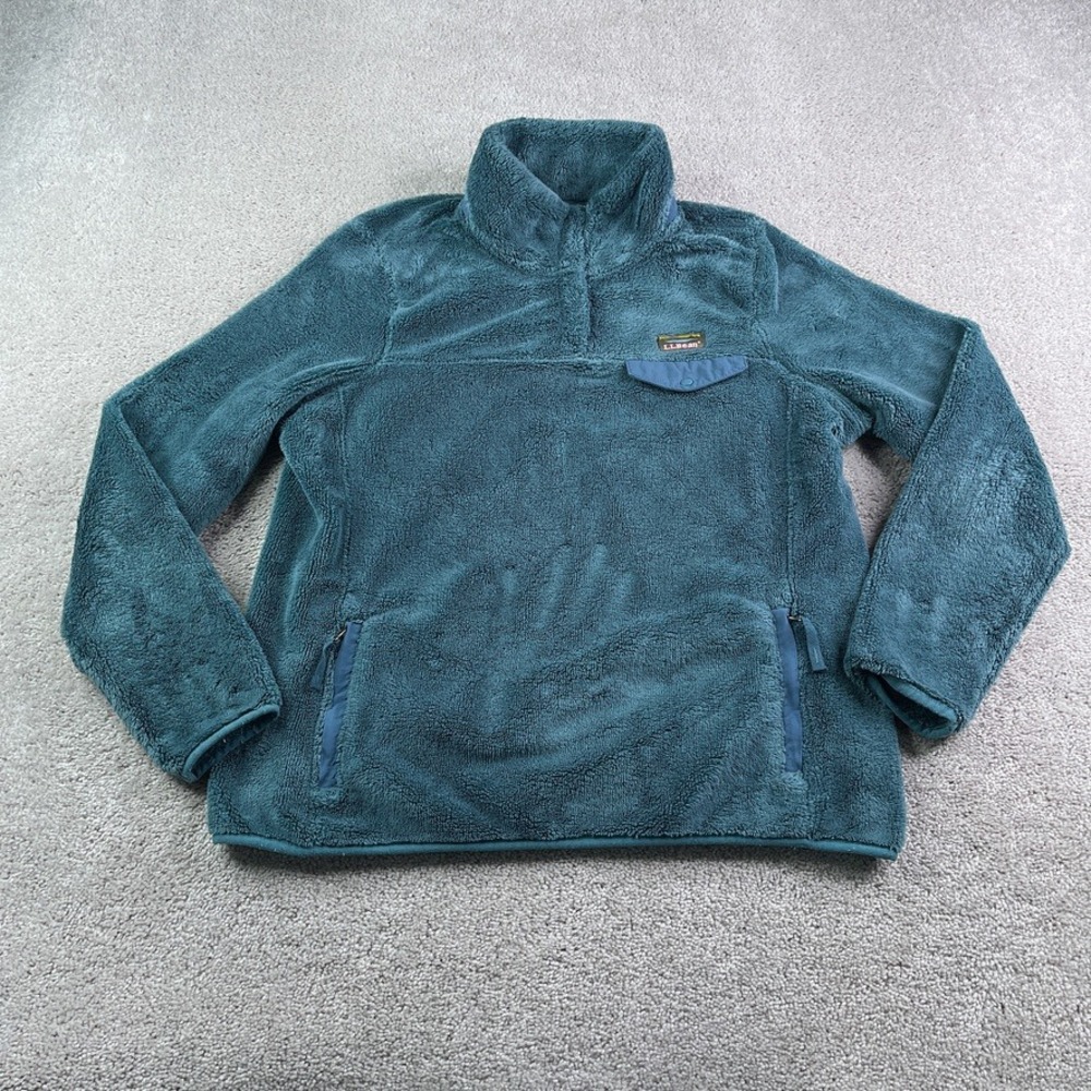 LL Bean Sweatshirt Womens Large Blue Hi Pile Fleece Snap Neck Gorpcore Teddie